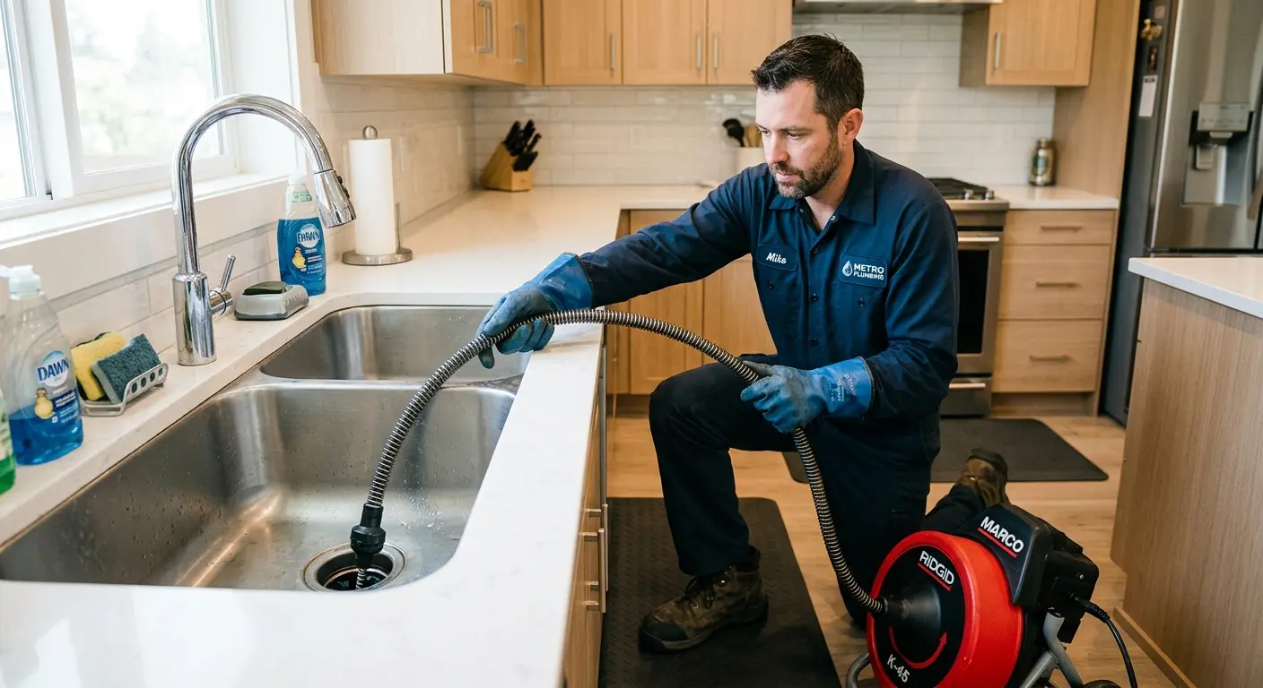 Drain cleaning technician using a motorized snake on a kitchen sink in Crescent City