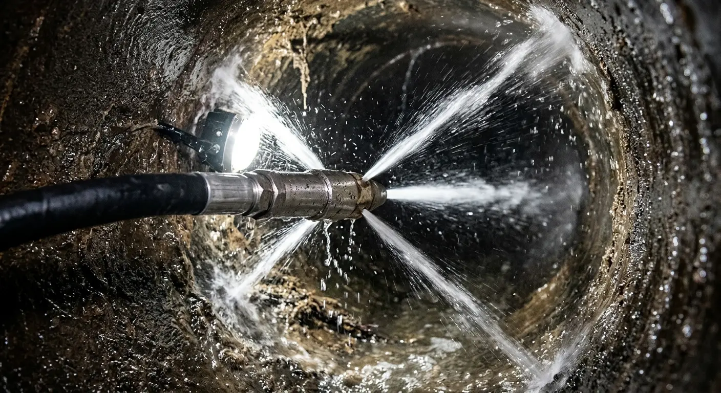 High-pressure hydro jetting nozzle cleaning sewer pipe for Sewer Cleanout in Crescent City