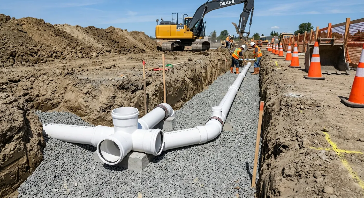 New PVC sewer pipe installation in open trench for Commercial Drain Cleaning in Crescent City