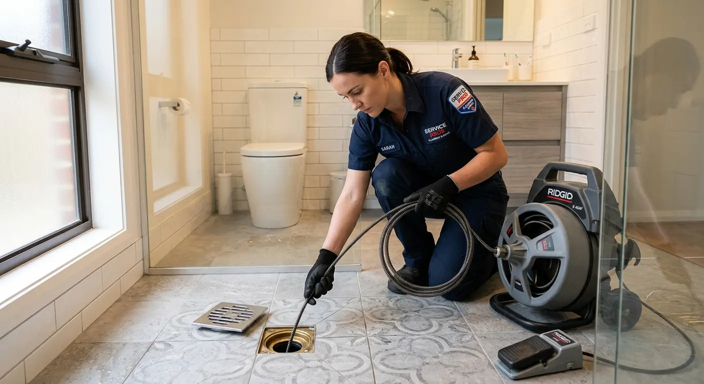 Technician clearing a bathroom floor drain for Drain Cleaning in Crescent City